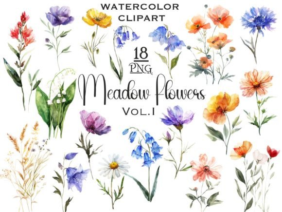 Download Meadow Wildflowers Watercolor Clipart V1 - Flow Collection