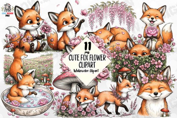 Download Cute Fox Flower Clipart PNG - Flow Collection