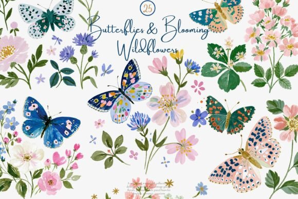 Download Watercolor Butterfly Wildflower Clipart - Flow Collection