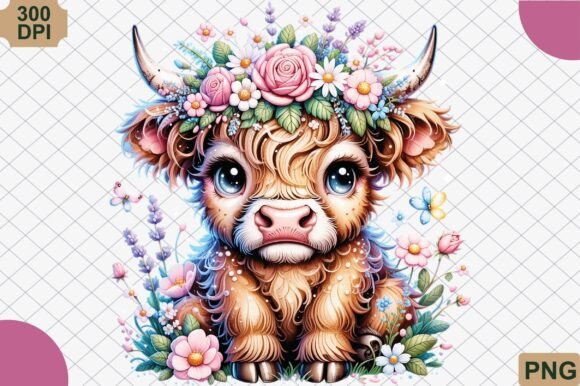 Download Boho Highland Cow and Pink Flowers PNG - Flow Collection